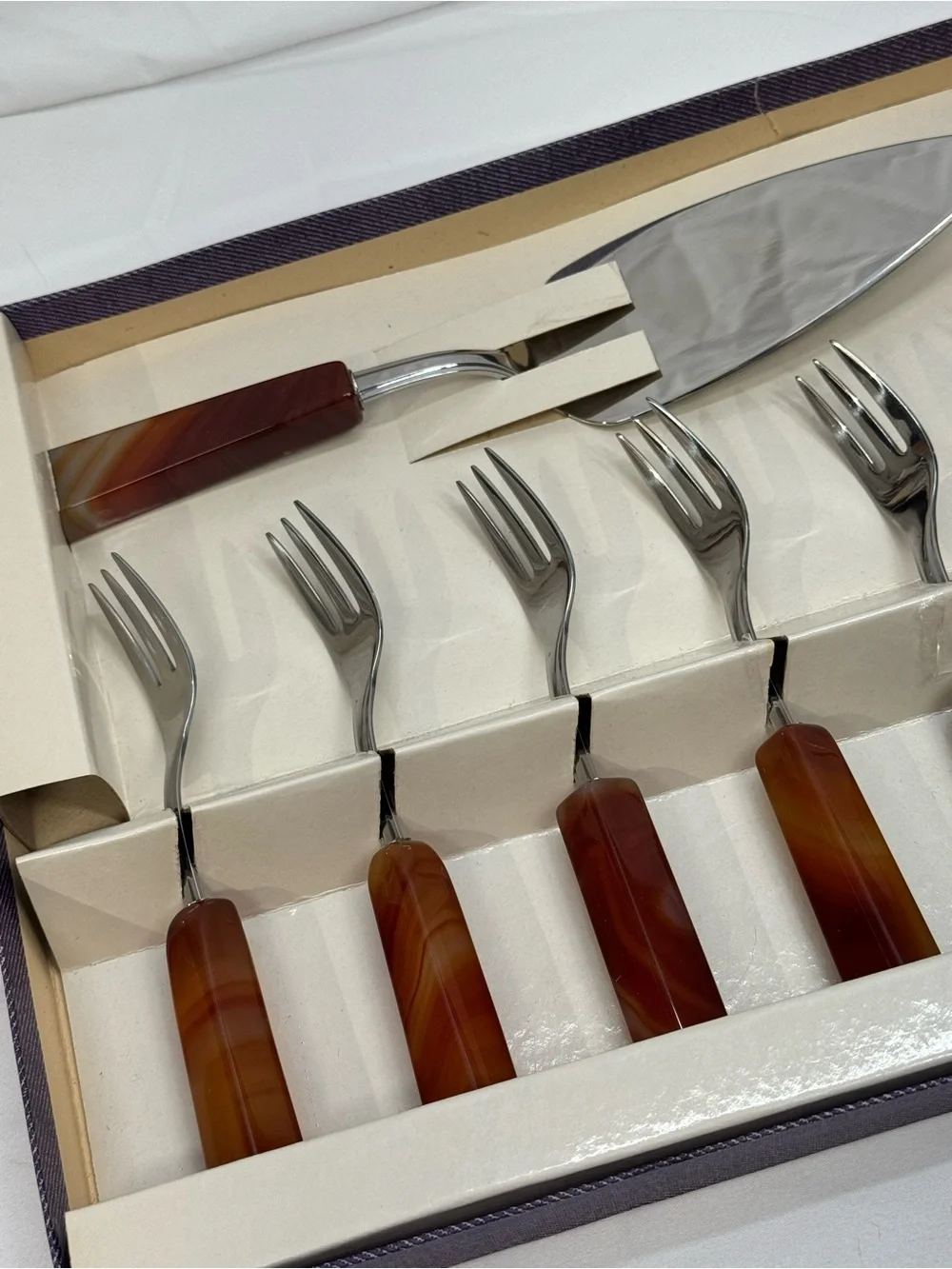 Rare Vintage Red Agate Dessert Forks Cake Server Set, Gift, MCM, South American